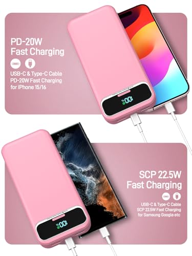 Image of Nusyddy Portable Charger 20000mAh 22.5W w /Built-in Cables & Wall Plug Pink | 22.5W Fast Charging, High Capacity, LED Display, Charge 5 Devices at once, TSA Approved, Compatible with iPhone /iPad /Samsung
