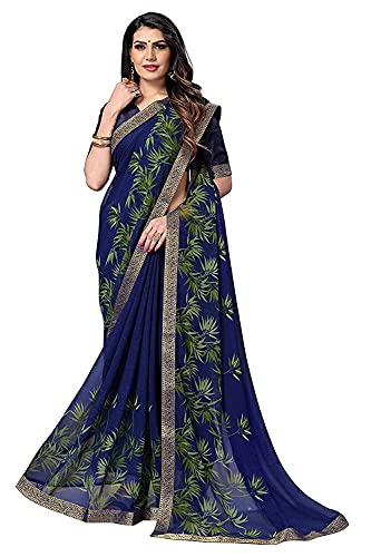 Image of RAJESHWAR FASHION WITH RF Women's Georgette Printed Sarees For Women With Jacquard Work Lace Border & Blouse