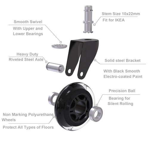 Office Chair Wheels Casters Set of 5 - Heavy Duty Silent Rollers for Hardwood Floors & Carpet, 10x22mm FIT 1KEA,Non-Marring Black Chair Casters with Dual-Bearing Design