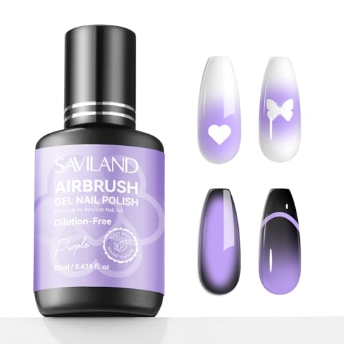 Image of SAVILAND Plus Airbrush Gel Nail Polish Dilution-free: 20 ml Purple Non-Acetone Nail Polish for Airbrush Fine Mist Nail Gel Polish No Clogging Castor Oil VE Airbrush Paint for French Cat Eye Paint