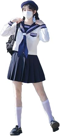Japanese School Sailor Uniform Costume Navy Blue White Shirt JK Pleated Skirt Bowtie Set Anime Cospaly Costume