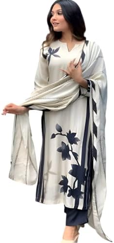 Thishma Digital Floral Printed White And Black Flower Design Heavy Soft Rayon Kurta Set With Chanderi Dupatta Set With Fancy Lace Border (IN, Alpha, L, Regular, Standard, Off White)