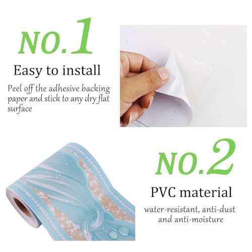 Borda de papel de parede autoadesiva de 32,8 pés, padrão de onda azul, borda de piso de PVC para coz