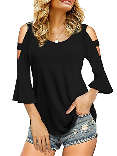 Florboom Womens Cold Shoulder Top Summer Basic T Shirts 3/4 Sleeve Casual Blouse Tshirts