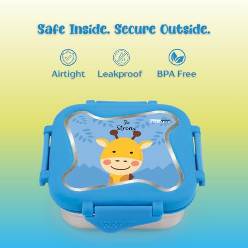 Image of STEELLOCK Smart Kids Stainless Steel Lunch Box, Leakproof & Airtight Tiffin Box for School Boys & Girls, BPA Free Food Grade with 4-Side Clip Lock | 360 ML | Blue, 3D /UV Print Giraffe