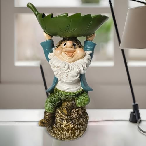 Mangeoire et bain d'oiseaux en résine feuille avec statue de gnome décorative
