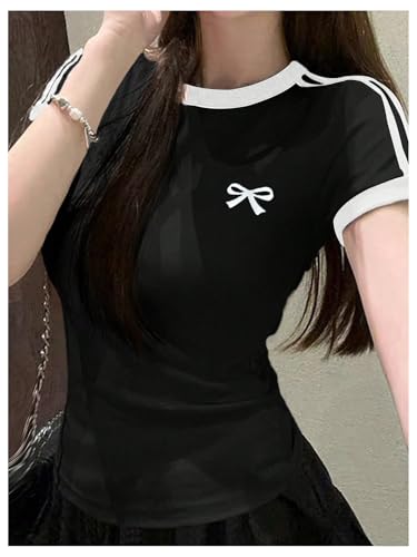 SweatyRocks Girl's Striped Bow Graphic Tee Shirt Crew Neck Short Sleeve Fitted Summer Tops4