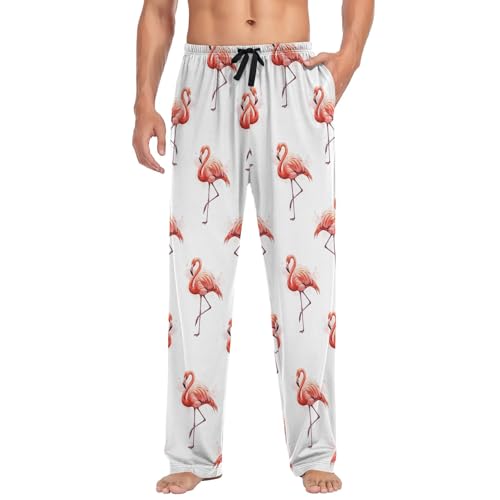 Flamingos White Straight-Fit Casual Loose Men's Separate Bottoms, Pajama Pants with Pockets S3