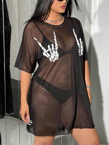 Floerns Women's Plus Size Skull Half Sleeve Swimwear Sheer Mesh Coverup Dress3