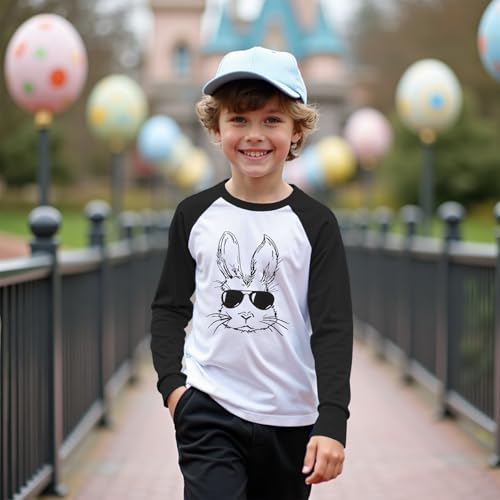 KEKEMI Boys Easter Shirts Kid Bunny T Shirt Happy Easter Outfit Funny Sunglasses Rabbit Tees Raglan Long Sleeve Tops Clothes4