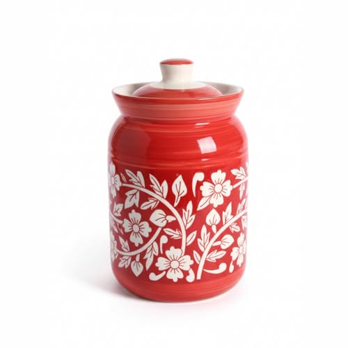 Image of Orange Floral Printed Ceramic Handglazed Pickle Jars Set of 1-1000 ML Each | 1 kg Achaar Martban Barni Jar with Lid | Ceramic Storage Jar Container Pickle /Achar, Chatney