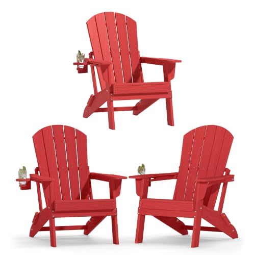 Image of Plawdlik Folding Adirondack Chair Set of 3, Cup Holder, Red | pin-free folding, 38-in tall back, Wood-grain All-weather HDPE; for fire pit, poolside, deck, backyard, patio
