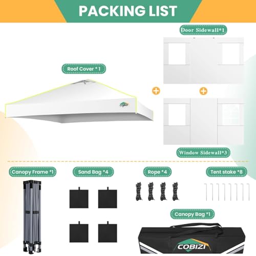 Image of COBIZI 10x10 Pop Up Canopy - One Push Setup Tent, Glow Strips, 4 Sidewalls