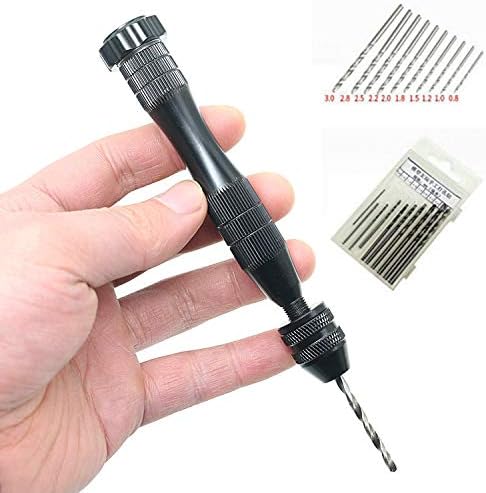 CAIDU Black Precision Rotating Pin Vise Hand Drill Set with Twist Drill Bits Set of 10pcs HSS High Speed Steel Twist Drill Bit Stes （∅0.8-3mm） (13cm)