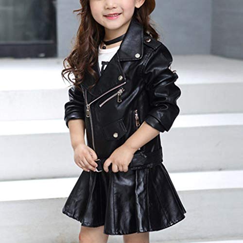 Lingery Little Girl Leather Jacket Children's Jacket Girl Boy Motorcycle Kid Outwear Solid Color Zipper Coat Leather Windbreaker M529 Black, 6-7 Years
