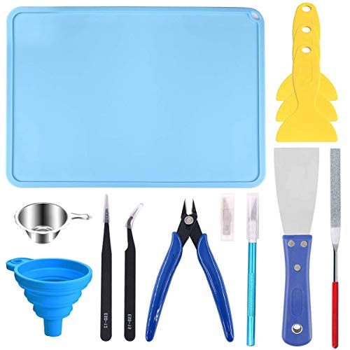 Youmile Resin 3D-Drucker-Tool kit Grundlegende Werkzeuge mit Zange, Feile, Pinzette, Harzfilter, Schaber, Kunststoffentfernungswerkzeug, Silikonmatte für SLA DLP LCD 3D-Druckerzubehör reinigen Cover