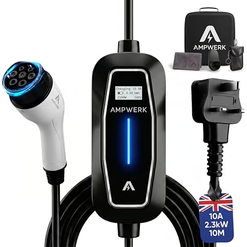 EV Charger Type 2 to 3 Pin Plug 10M | Ampwerk 2.3kW 10A Portable EV Charger Cable IP65 | 8-Hour Timer & Safety Protection | Carry Bag Included | Designed by Ampwerk in the UK