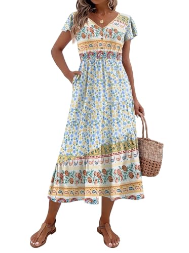 Image of Zeagoo Women's Summer Casual Dress Flutter Short Sleeve V Neck Button Down Tiered Flowy Long Dress with Pockets