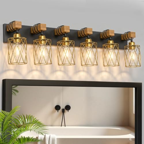 Image of IZORRO Farmhouse Bathroom Vanity Light, 6-Light Wood Bathroom Light Fixtures Over Mirror, Black and Gold Industrial Vanity Lights with Metal Shade, Rustic Restroom Lighting Fixtures