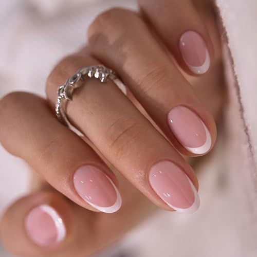Image of CurvLife Soft Gel Short French Tip Press On Nails Oval, Velvet Flow Long-Lasting 32Pcs 16Size Reusable Summer Fake Nails Kit with Glue Tabs, Glossy Salon-Style Manicure for Women Teens Beginners