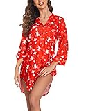 Ekouaer Nightgowns for Women V Neck Button Down Nightshirt 3/4 Sleeves Nursing Nightgown Soft Sleep Dress, Christmas Red, L