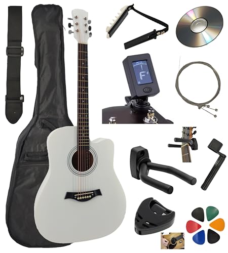 AMROVA Guitare Acoustique Folk 4/4 Adulte 41 Pouces + 10 Accessoires + Cour Vidéo et CD (Blanc)