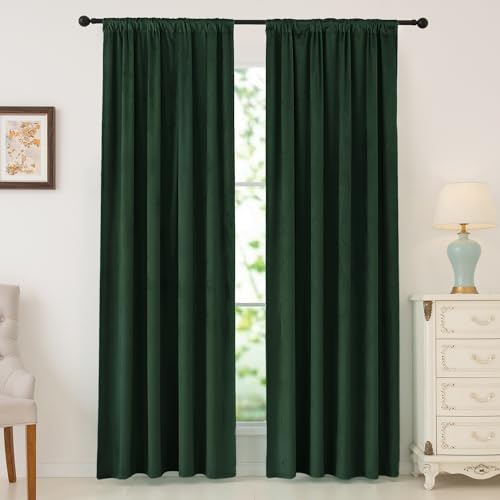 Image of nanbowang Dark Green Velvet Curtains - 42 Inches Width 84 Inches Long Soft Curtain Rod Pocket Thermal Insulated Window Treatment for Bedroom 2 Panels