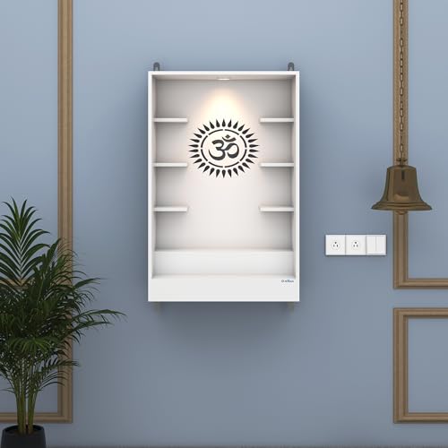 Image of Anikaa Niketana Wooden Wall Mount Mandir for Home | Pooja Temple with LED Light, Om Back Panel & 6 Shelves | Hindu Wooden Temple for Home & Office Decoration | White (DIY), Size(32x20x8 Inches)