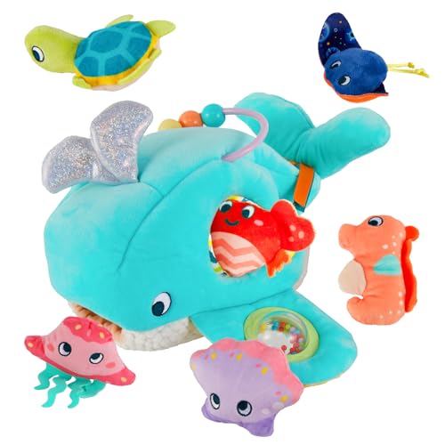 Image of Juivin Soft Rattle Montessori Baby Toys 6-12 Months, Soft Barn Ocean Playhouse with 6 Stuffed Animals, Sensory Development Activity, Toddler Learning Toys (Ocean Whale)