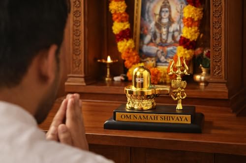 Image of Divine Hindu Shivling with Trishul Gold Finish Idol | Lord Shiva Divine Showpiece for Home Decor & Pooja Mandir | Shiva Murti for Office Desk & Car Dashboard | Auspicious Gift for Mahashivratri | G