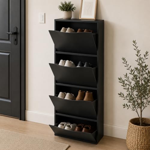 Image of TNT THE NEXT TREND Space Saving Shoe Rack Cabinet | Dustproof Flip Door Shoe Storage Organizer | Modern Minimal Shoe Stand for Entryway, Living Room, Bedroom & Hallway | Black Finish (Pack of 4)