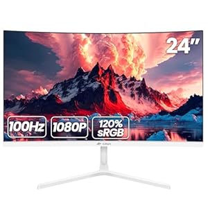 CRUA Monitor curvo de 24 pulgadas, FHD (1920 × 1080P) 100HZ 120% sRGB, biseles estrechos en tres lados, monitor de PC con filtro de luz azul para el hogar, oficina y dormitorio (HDMI, VGA), blanco