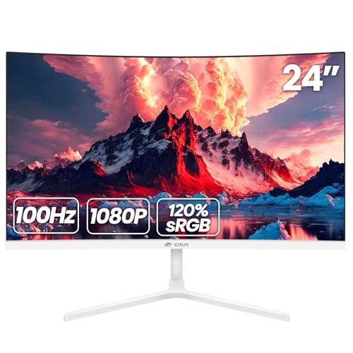 CRUA 24 Inch Curved Monitor, FHD(1920×1080P) 100HZ 120% sRGB Computer Monitors, Narrow Bezels on Three Sides, Blue Light Filter PC Monitor for Home, Office and Dormitory(HDMI, VGA)-White by CRUA - Used condition - US$81.89