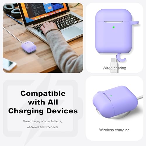 Image of AirPods Case Cover with Keychain, R-fun Full Protective Silicone AirPods Accessories Skin Cover for Women Girl with Apple AirPods Wireless Charging Case,Front LED Visible-Lilac