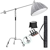 EACHSHOT C Stand Metal w/Bag Wheel Sandbag Clip Max 10.8ft/330cm with 106cm Holding Arm 2 Pieces Grip Head for Godox AD400 Pro AD600 Pro AD600BM Aputure 120D 300D II for Photography Studio