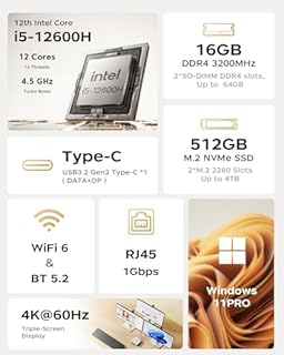 ACEMAGIC K1 Mini PC, Ιntel Core i5-12600H(12C/16T, jusqu'à 4,5 GHz),16 Go DDR4 512 Go SSD NVMe Mini Ordinateur Bureau, 4K UHD Triple écranWi-FI 6, Graphique Ιntel Iris XE, Buetooth 5.2