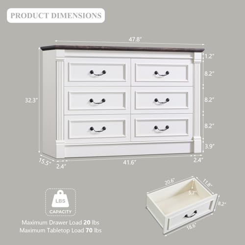Image of Aitjunz Farmhouse 6 Drawer Dressers for Bedroom, 47'' Wide Dresser & Chests of Drawers w /Roman Columns, Horizontal Wooden TV Stand Dresser w /Metal Handle for Bedroom, Hallway, Living Room, White