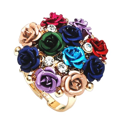 Colorful Cz Rose Flower Wedding Ring For Women Girls Gold Plated Love Promise Engagement Rhinestone Acrylic Flowers Adjustable Open Wrap Rings Comfort Fit Elegant Cocktail Party Valentine Jewelry Gift #TOP20
