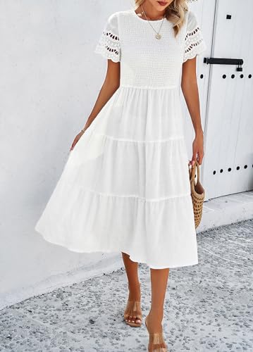 Image of Sumleno 2026 Women's Summer Midi Dresses Short Sleeve Smocked Tiered Dress Vacation Beach Wedding Guest Elegant Boho Sundress