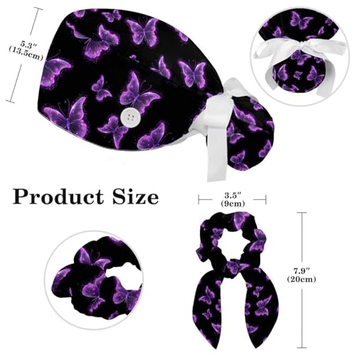 Image of Butterfly Scrub Cap Women with Ponytail & Buttons Adjustable Surgical Nurse Hat with Cotton Sweatband for Long Hair