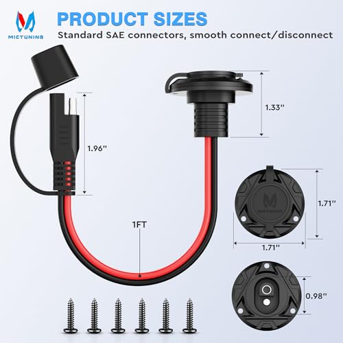 MICTUNING 1FT 14 AWG SAE Socket Sidewall Port to Male Plug 12V-24V Power Cord Quick Connector Extension Cable Harness, Waterproof Dust Cap, for Automotive RV Motorcycle Solar Panel, 2pcs