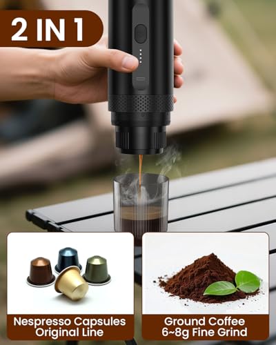 Image of Portable Espresso Maker, Electric Espresso Machine for Travel, Camping, Rechargeable USB-C Mini Coffee Maker for NS Capsule Pods and Ground Coffee, Matte Black