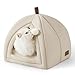BEDSURE Katzenbett gro&szlig;e Katzen Katzenh&ouml;hle- 40x40x40 cm Katzenhaus Indoor mit abnehmbarem Sherpa Katzenkissen und h&auml;ngendem Spielzeug, Katzen Bettchen waschbar, beige