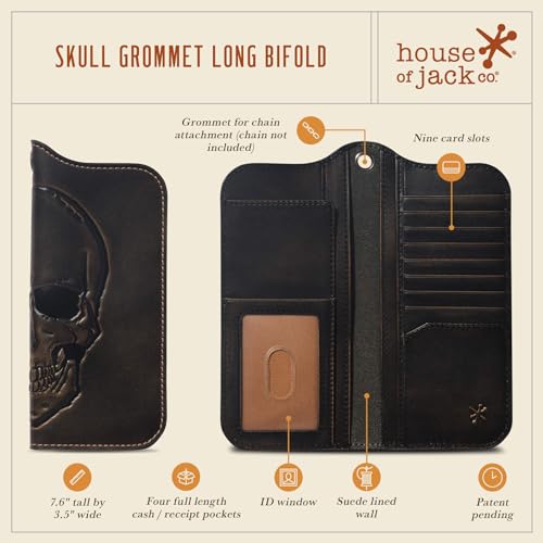 Image of House of Jack Co. Skull Grommet Long Bifold Wallet for Men, Add Your Chain Biker Wallet, Full Grain Cowhide Leather Wallet, Black