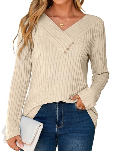 Glamaker Women's Fall Long Sleeve V Neck Tunic Tops Lightweight Button Casual Soft Loose Blouse Sweatshirts