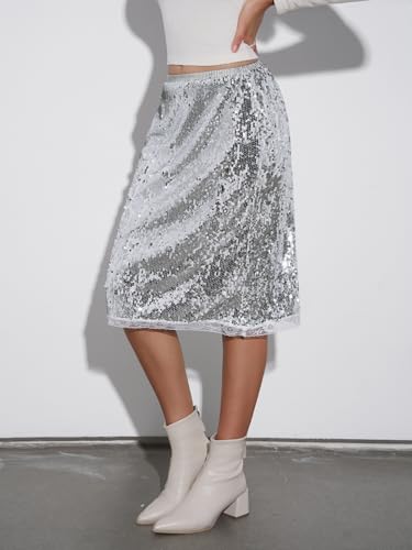 Yousify Womens Sequin Midi Skirts Y2K Elastic High Waisted Lace Trim Sparkly Stretchy Night Out Club Concerts Party Skirt3