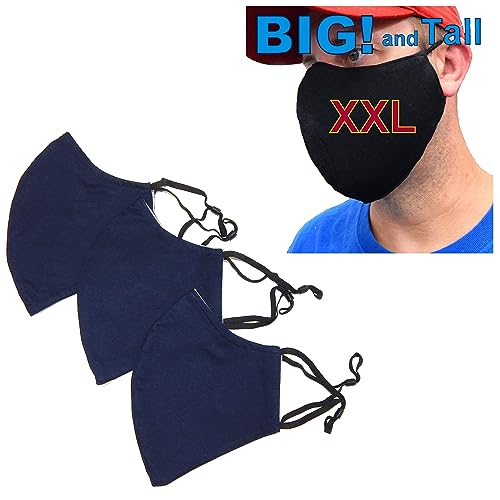 ICYROSE 3 Pack XXL 7"/ XL 6.5" Extra Large Face Mask Big and Tall 3 Ply Beard Mask Cotton Fabric nose wire Filter Pocket adjustable (All Navy Blue, XXL 7")