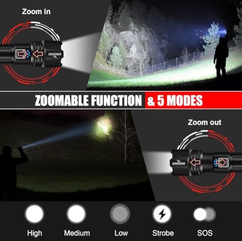 Image of Usha+ HP-360C Rechargeable Torch, Powerbank Function, Aircraft Aluminum Body, Telescopic Zoom, Water Resistant Flashlight with Multiple Light Modes (Black) LED