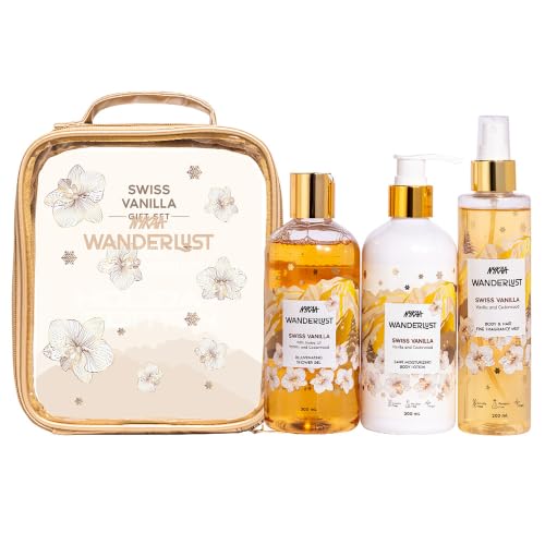 Image of Nykaa Wanderlust Rakhi Gift Set for Women - Swiss Vanilla Body Care Kit (700ml) | Warm Vanilla & Cedarwood Fragrance Notes | Shower Gel, Lotion, Body Mist with Free Pouch | Premium Rakhi, Festive & Birthday Gifting Combo | Pack of 3