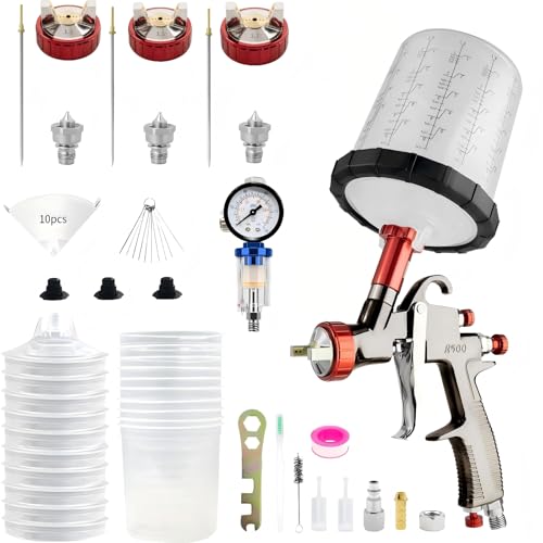SRQ R500 LVLP Spray Gun Kit, Includes 650ml Mixing Cup and 10 Disposable Cups, Automotive Spray Gun Kit Equipped with 1.3/1.5/1.7mm Nozzles. Professional Air Paint Spray Gun Suitable for Clear Coats